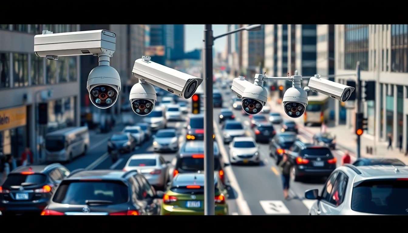 Capturing automatic license plate recognition with advanced cameras in urban streets.