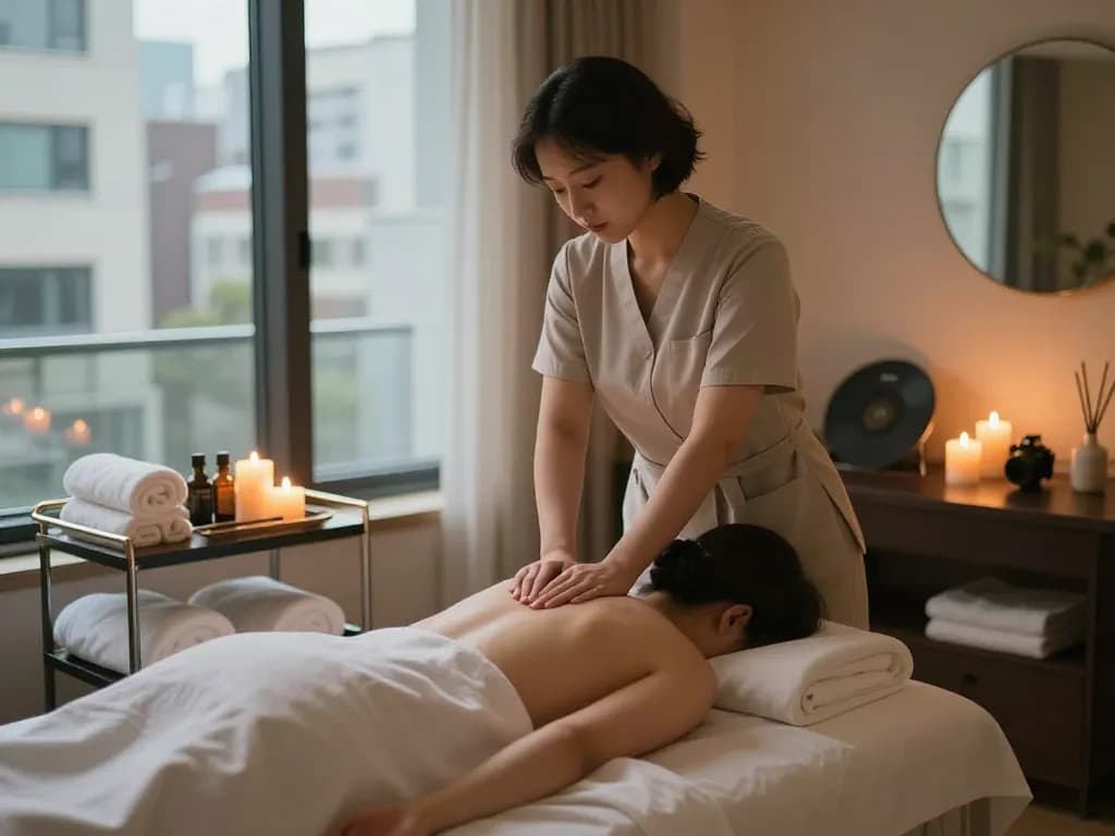 Relaxing 강남마사지 scene with therapist and serene spa environment.