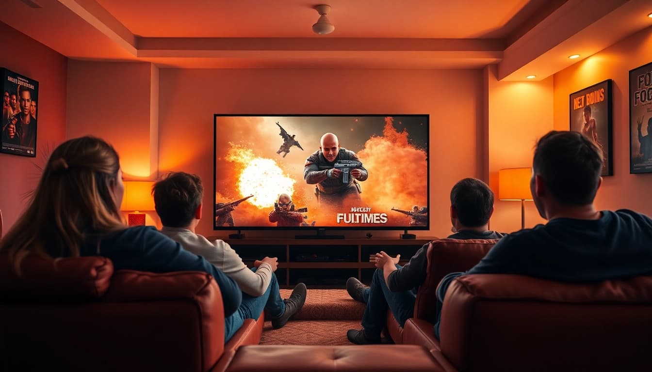 เพื่อนๆ กำลังดูหนังในห้องนั่งเล่นสบาย ๆ บน 11-hd.com