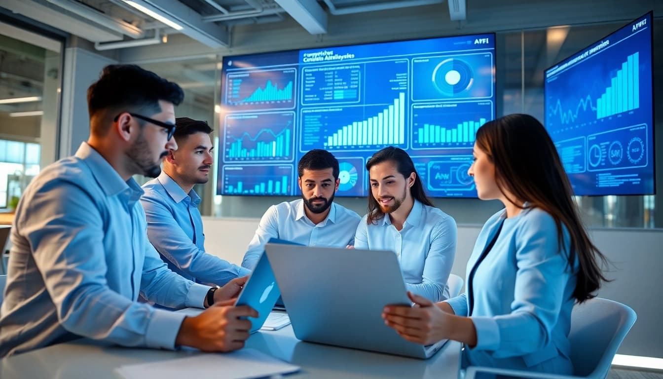 Analyze competitor insights using AI for competitor analysis tools in a modern office.