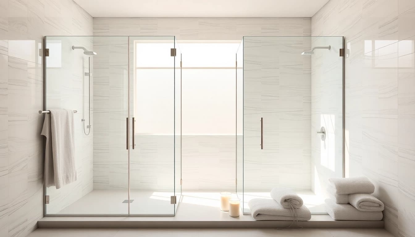 Experience elegant showers in a serene bathroom setting with glass enclosures and soft decor.