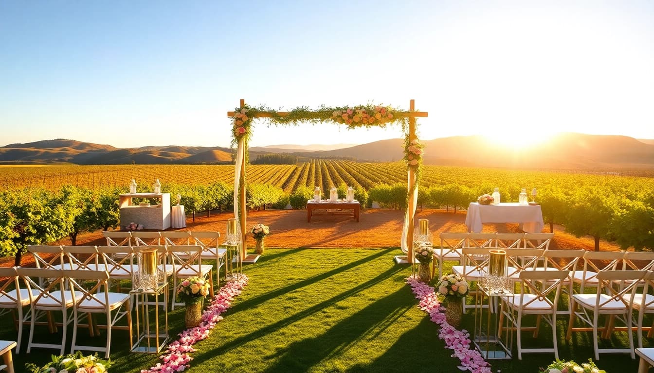 Romantic wedding venue California with vineyard backdrop and charming decor.