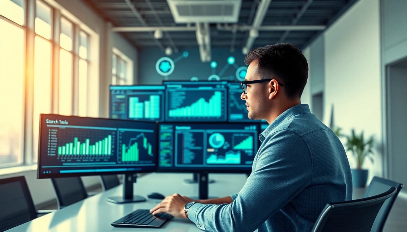 Showcasing enterprise search tools interface in an innovative office environment for data analysis.