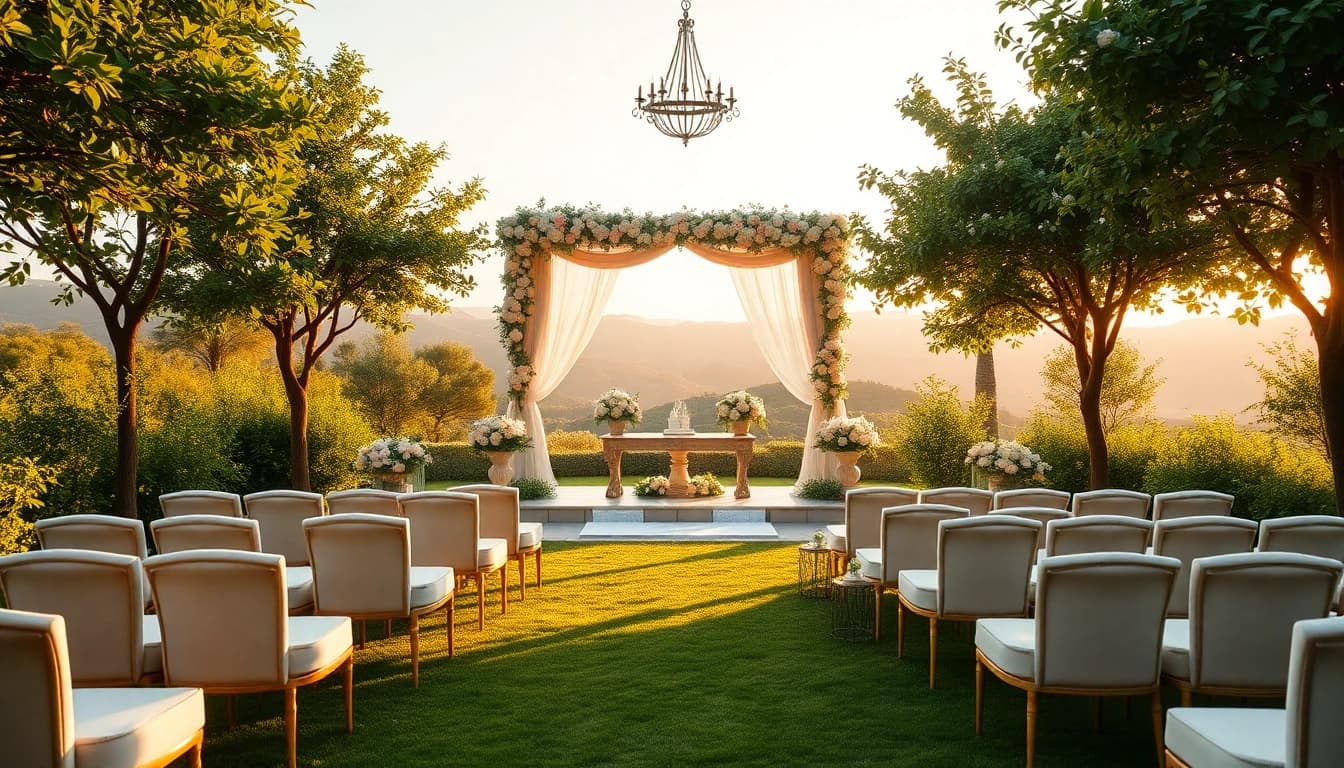 Traumhafte hochzeit location mit wunderschönem Blumenarrangement im Freien.
