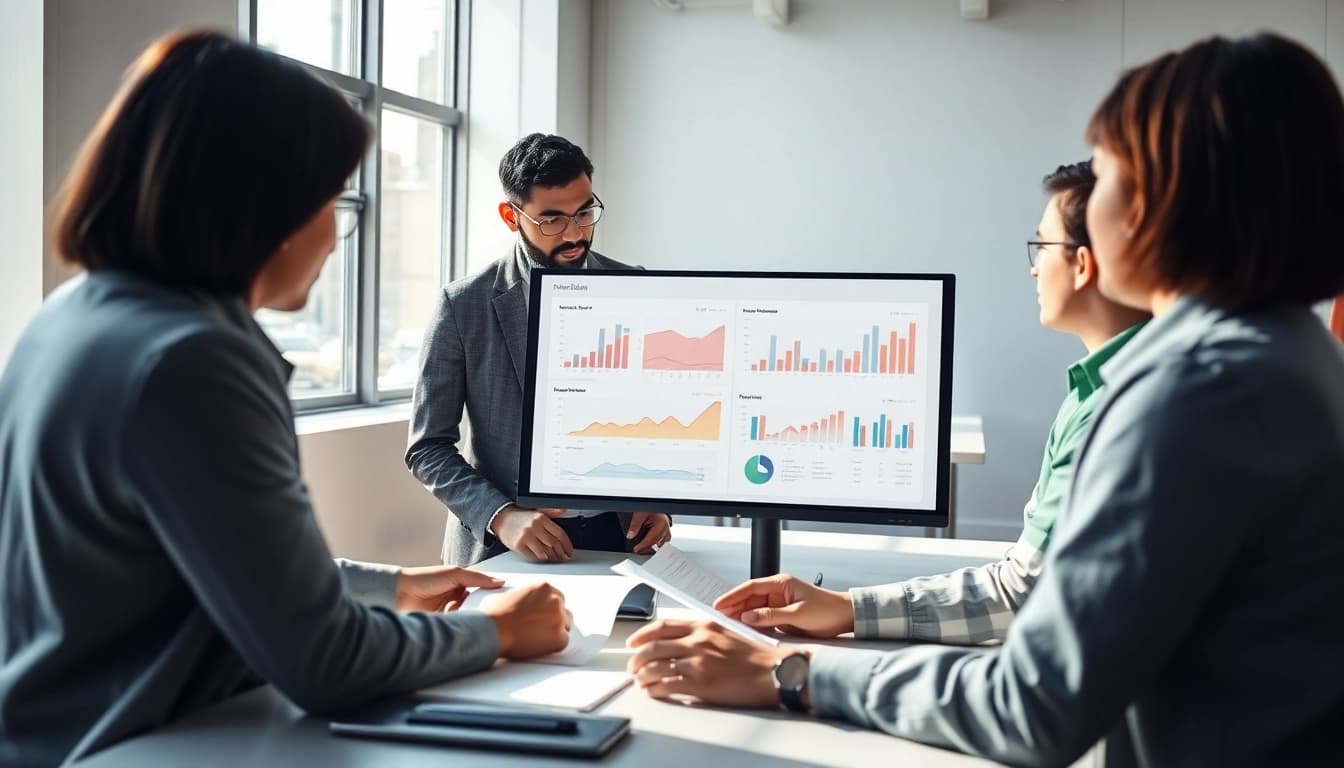Analyzing multi-echelon inventory optimization strategies with a team in a modern office.