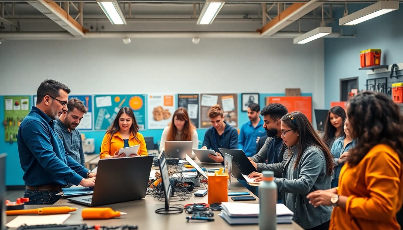 Explore trade schools in Southern California with students engaged in hands-on learning in a vibrant classroom.