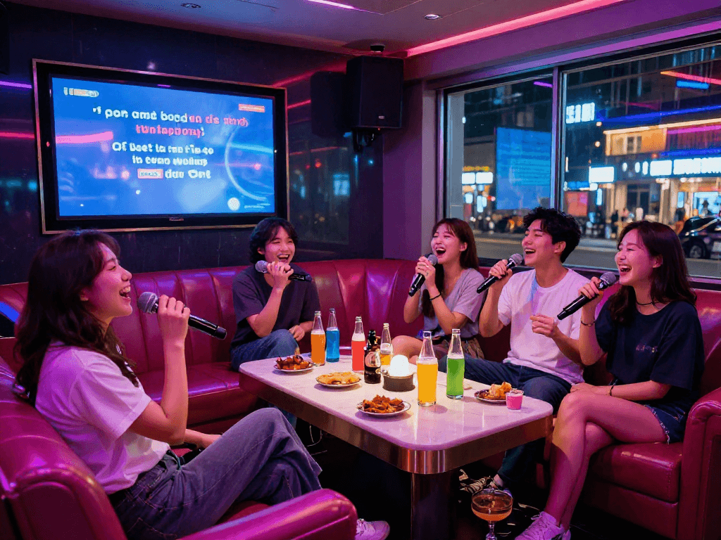 디저트 가라오케에서 친구들과 함께 즐거운 시간을 보내는 모습, 화려한 조명이 어우러진 카라오케 룸