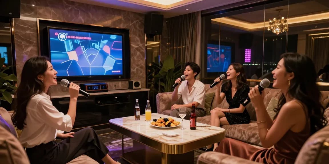 gangnammicroom.com에서 프리미엄 사교를 즐기는 친구들이 있는 고급 가라오케 룸.