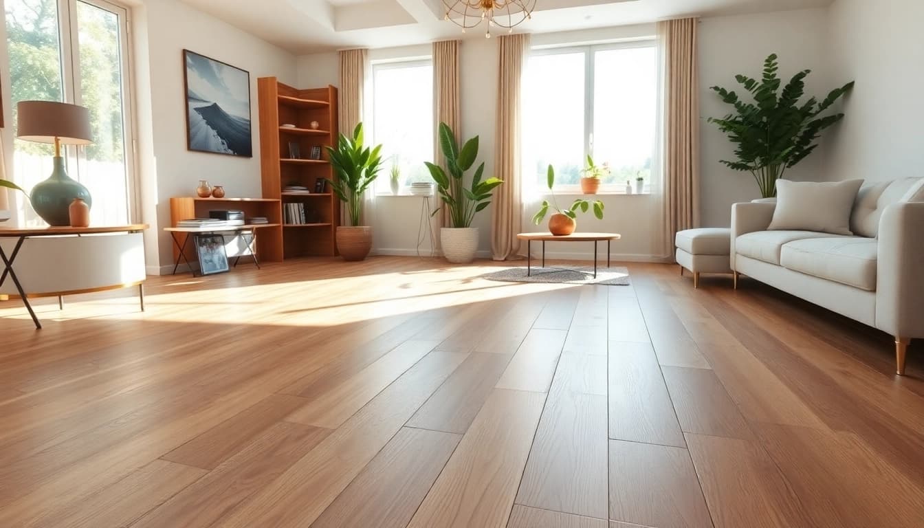 Find quality lvp flooring near me, beautifully installed in a modern living room with warm sunlight.