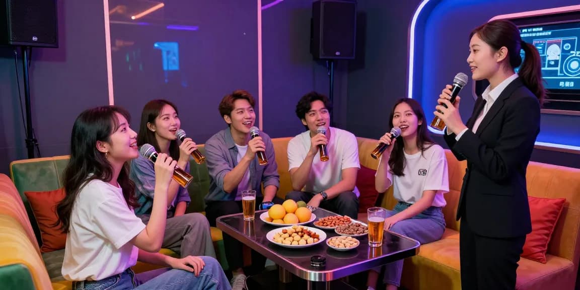 강남가라오케에서 친구들과 함께 노래와 음료를 즐기는 활기찬 모습