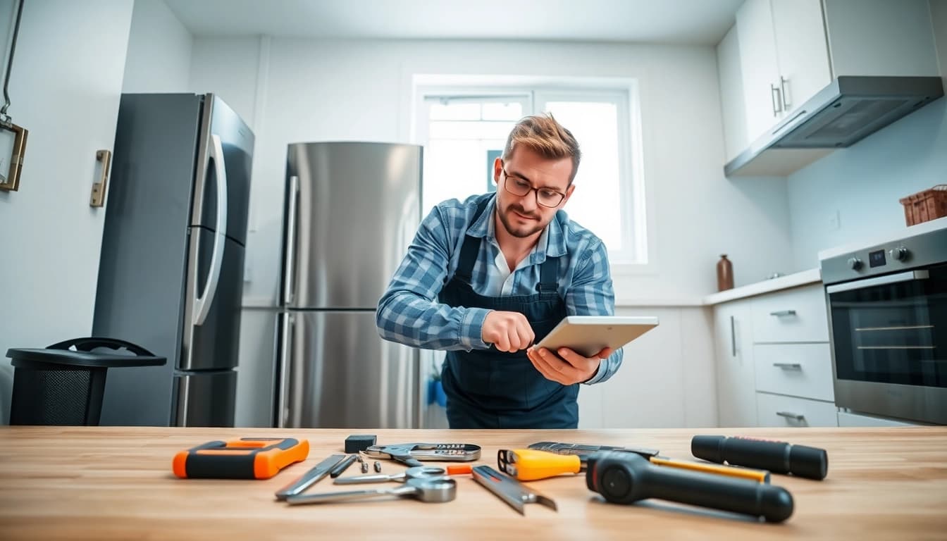 Technician performing appliance repair in a well-lit kitchen, showcasing expertise.