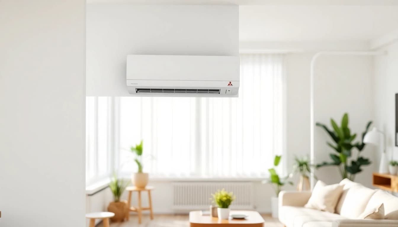 Showcasing the sleek design of a mitsubishi mini split ac in a modern indoor setting with natural light.