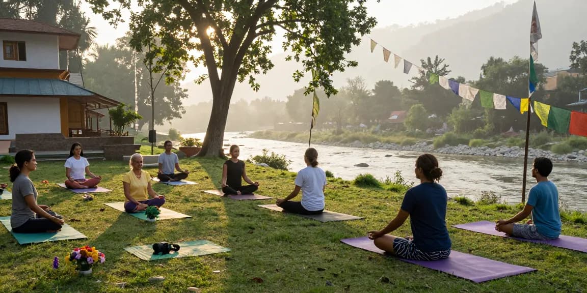 Morning meditation practice in Rishikesh, yoga instructor leading serene outdoor session surrounded by nature.
