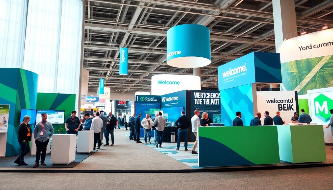 Showcasing a vibrant trade show booth with interactive displays at a bustling event.