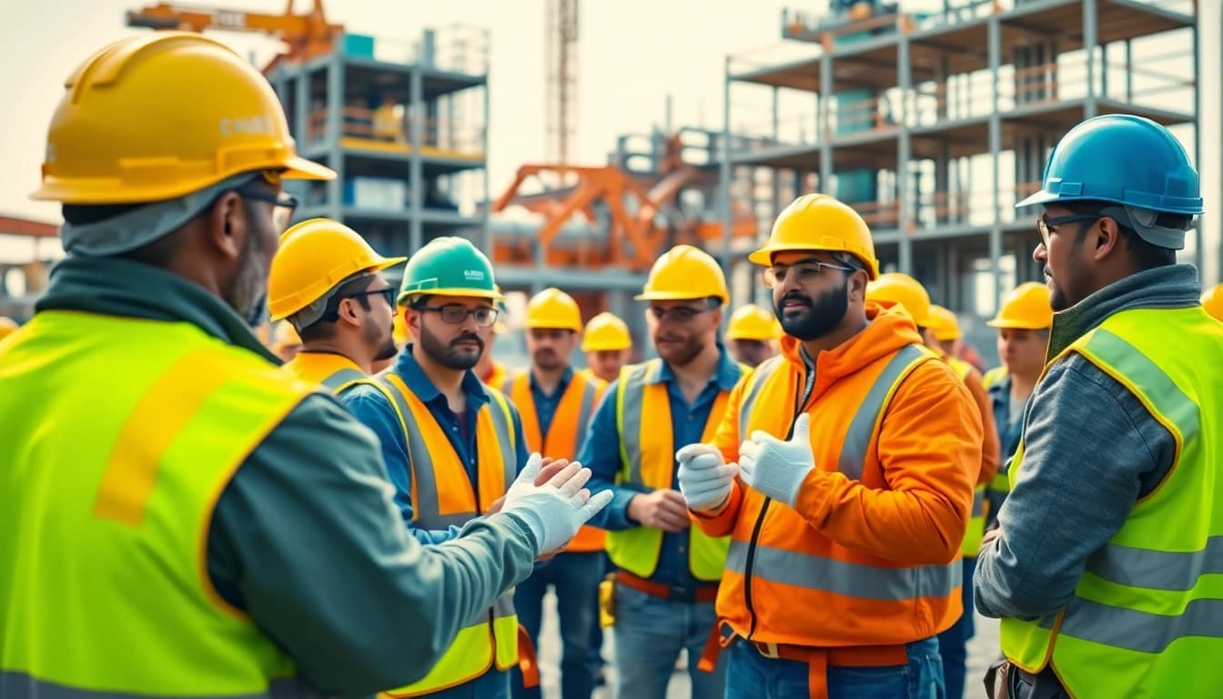 Workers participating in construction site safety training with essential safety equipment.