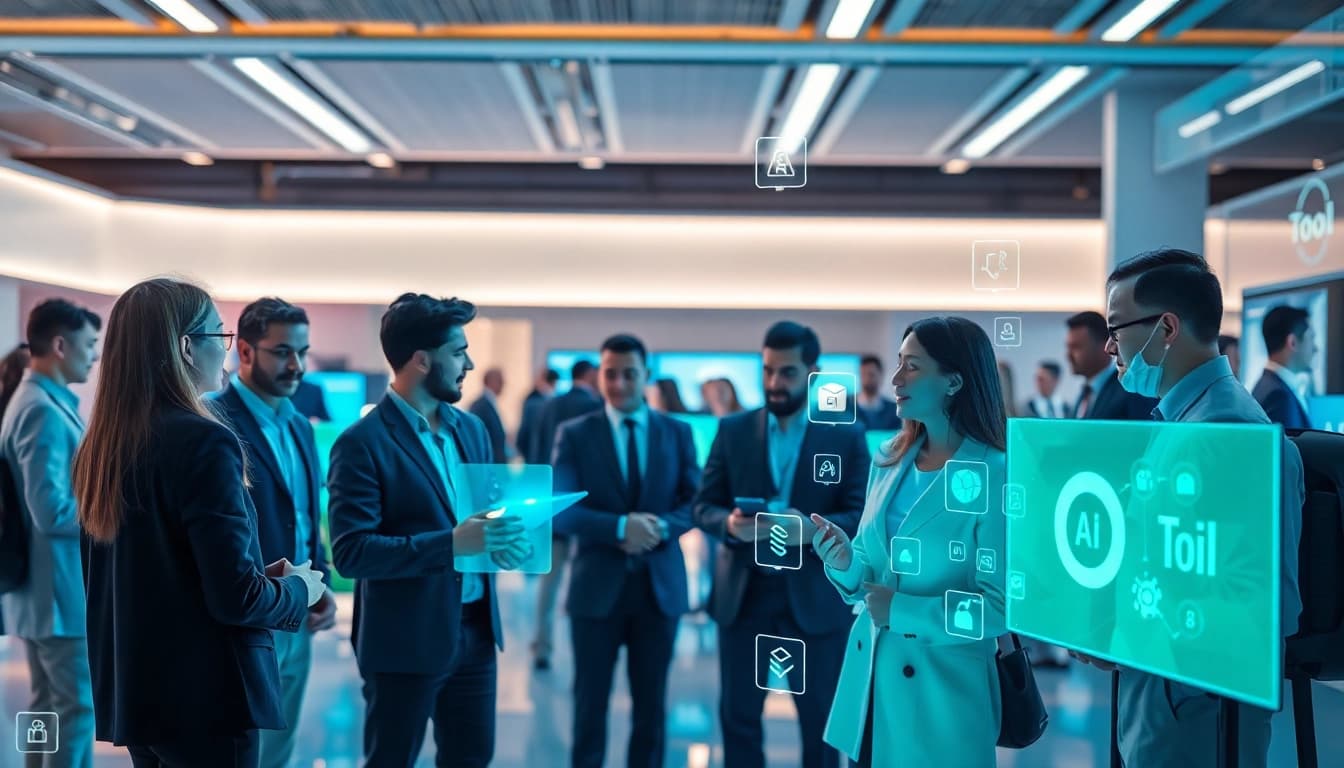 Showcasing an engaging ai tool marketplace with diverse tools displayed and professionals collaborating.