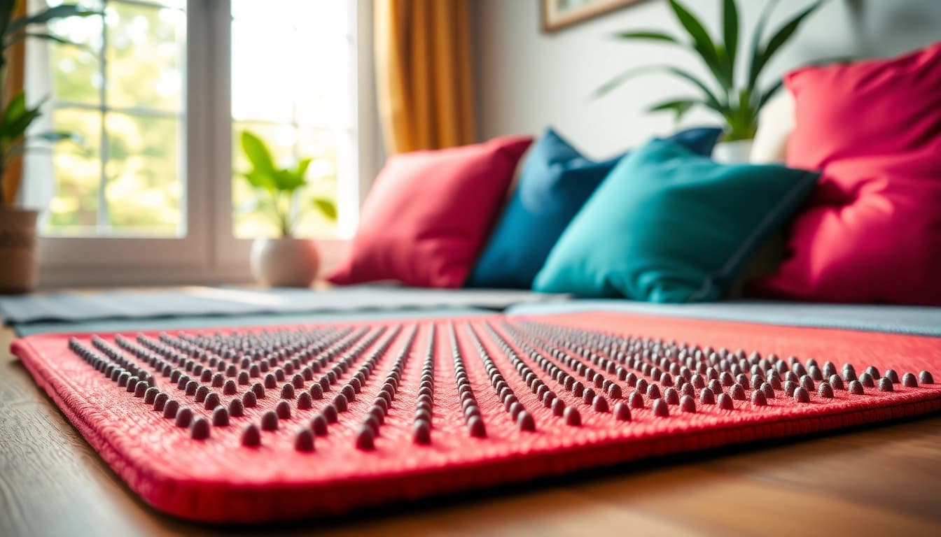 Akupressurmatte in entspannendem Umfeld mit schönen Farben für Wellness und Self-Care.