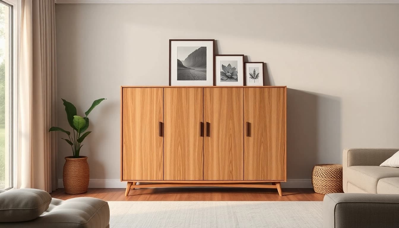 Storage cabinet displayed in a modern living room, showcasing elegance and style.