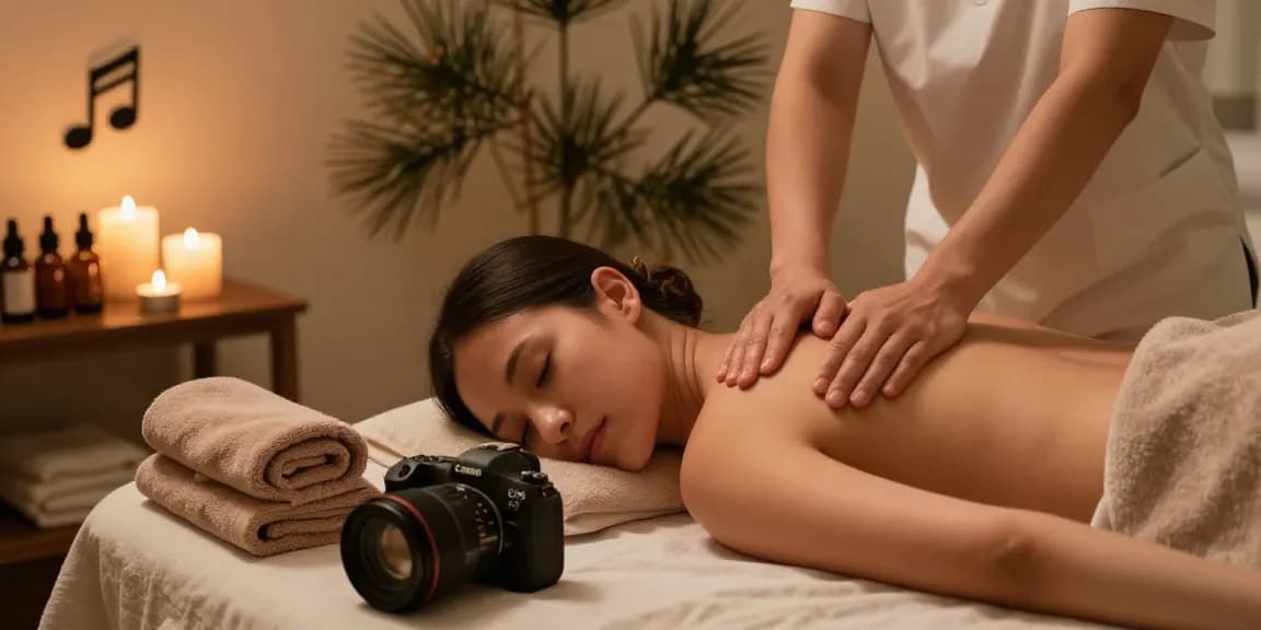 마사지 중인 모습과 아로마 오일, 촛불이 있는 편안한 스파 환경