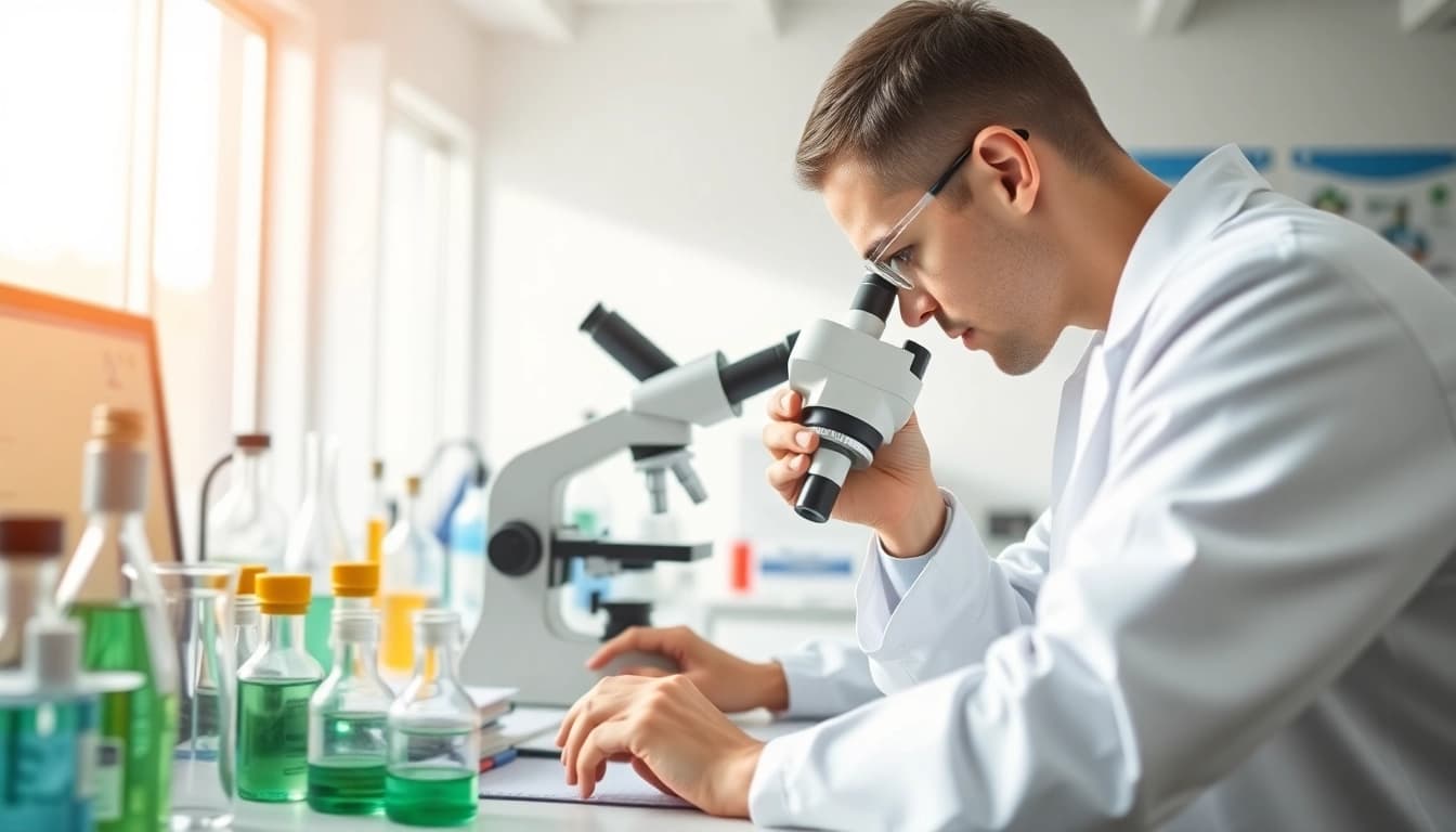 NAD+ research in a professional lab setting with a researcher examining samples.