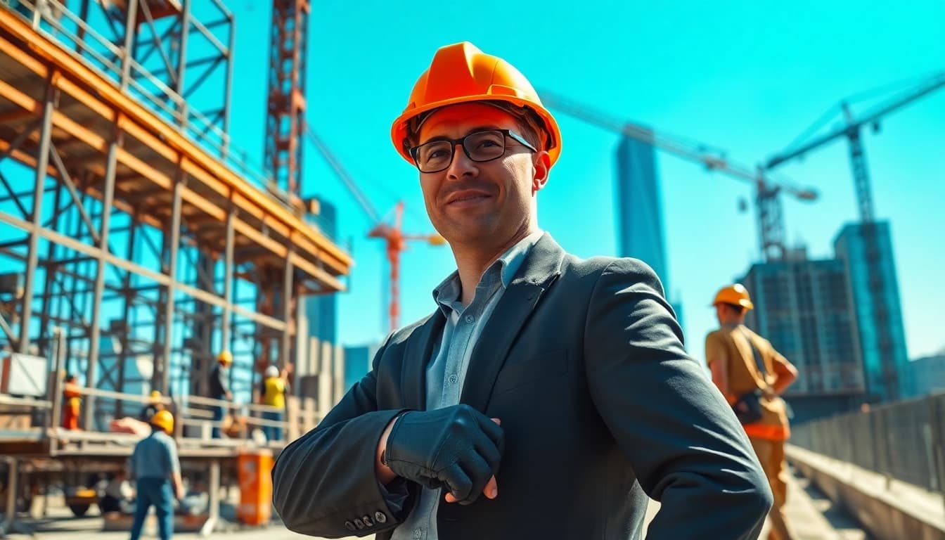 Manhattan Construction Manager directing a construction site with team engagement and city skyline.