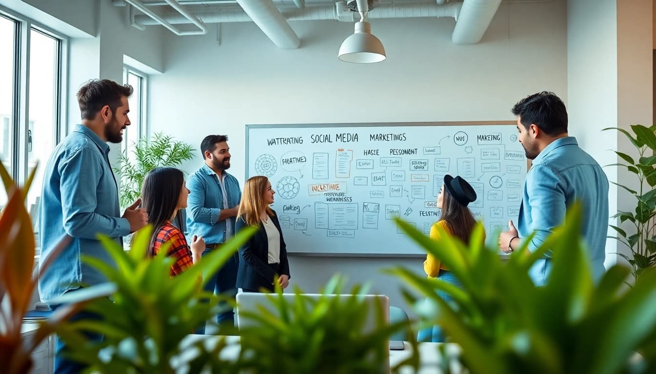 Engaged team in a social media agency brainstorming marketing strategies in a bright office.