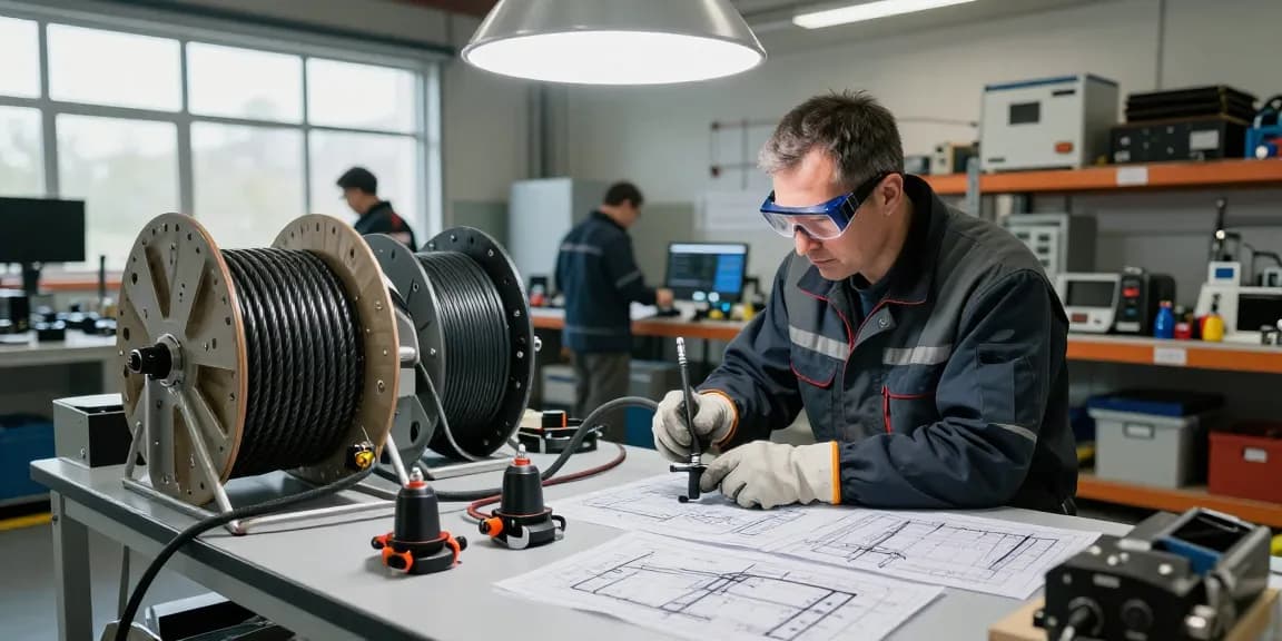 Technician inspecting seismic cable in an industrial workshop with safety gear and equipment