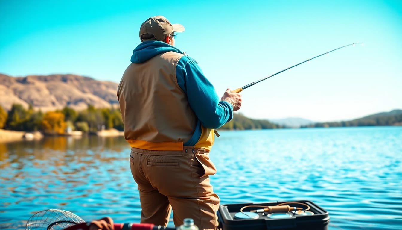 Engaging fisherman showcasing stylish fly fishing apparel outdoors by a tranquil lake.