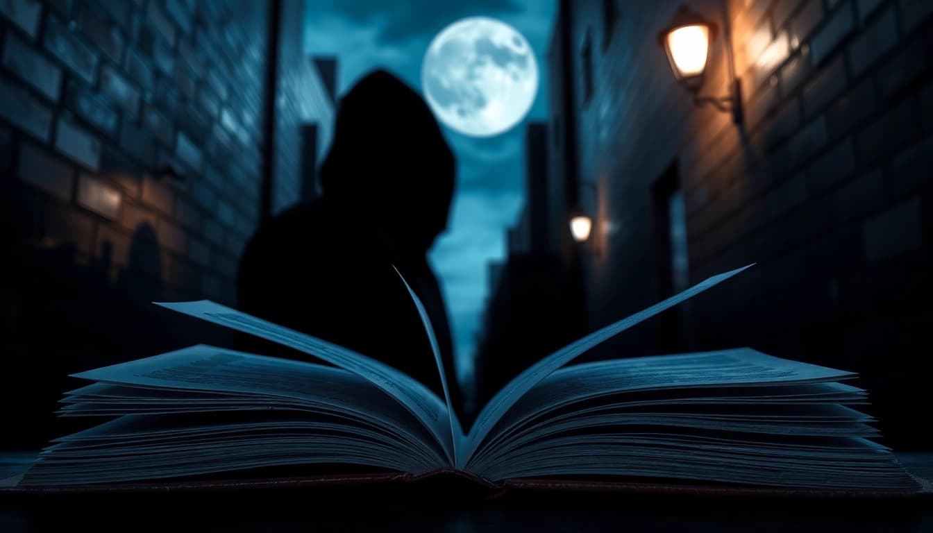 Engaging thriller book cover showcasing shadowy figure and mysterious open book.