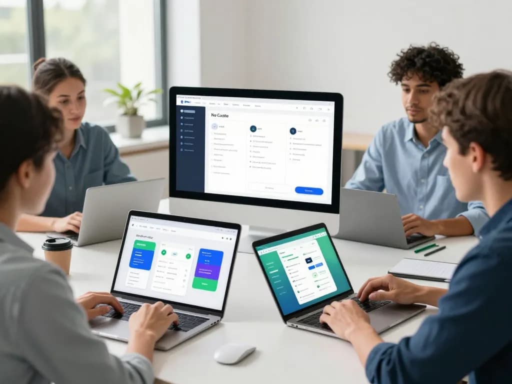 No code app builder in a vibrant workspace with diverse professionals collaborating on app development.