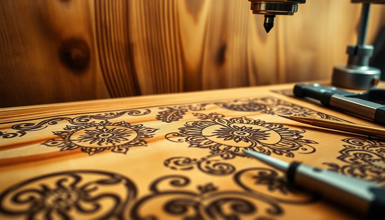 Showcasing precise laser engraving designs on wood, emphasizing intricate craftsmanship.