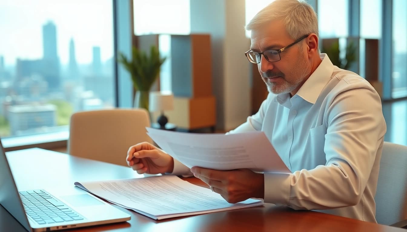Reviewing federal and state contracts in a bright office with a focused consultant.