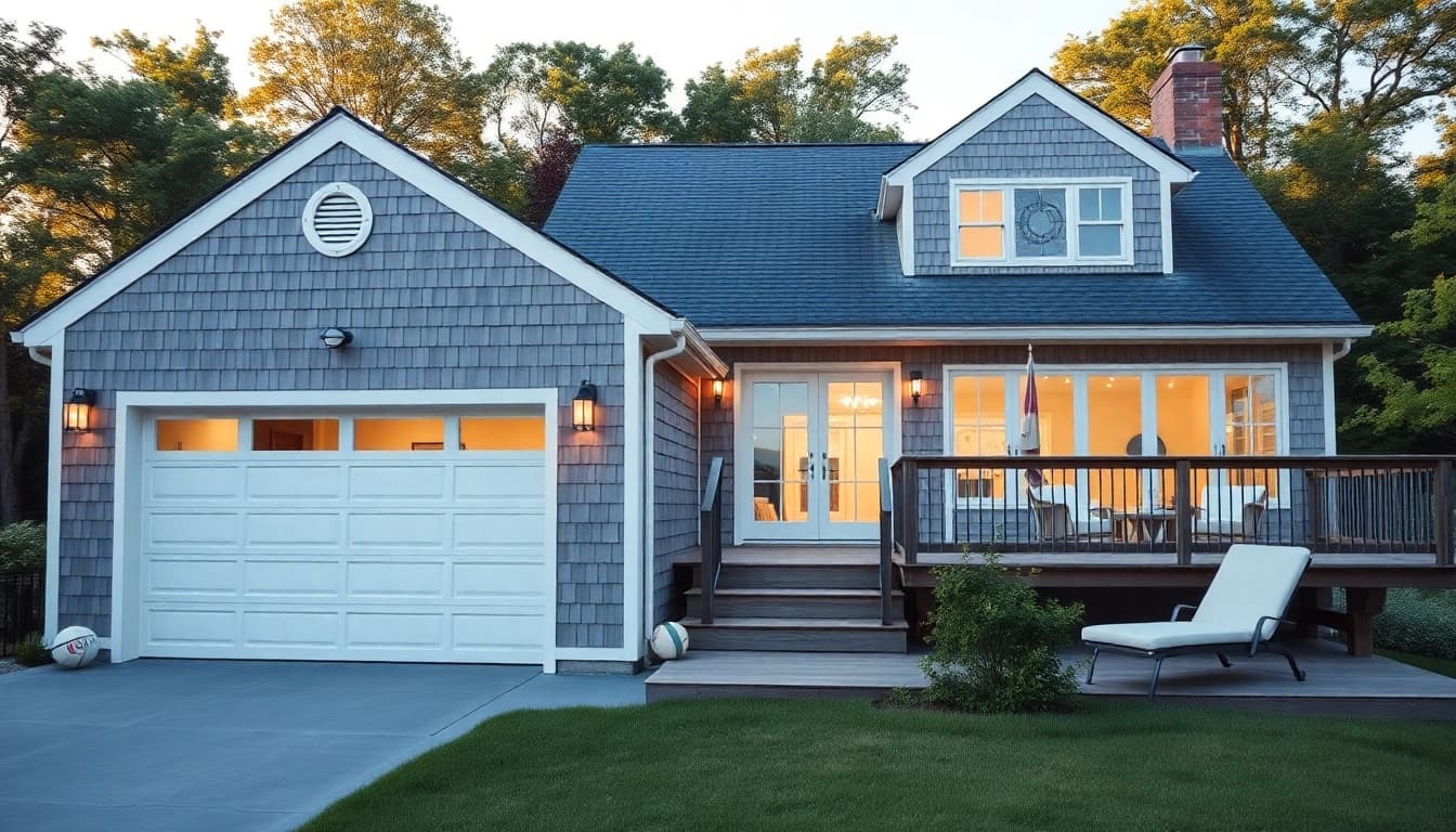 Stunning cape cod home with attached garage and outdoor deck in a beautiful coastal setting.