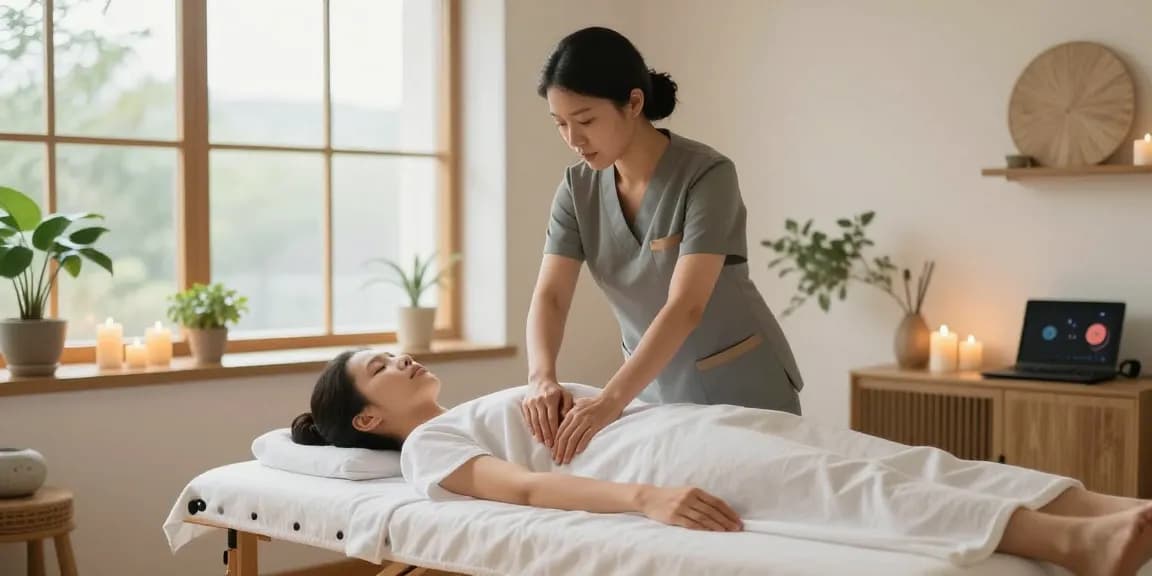 1인샵에서 편안하게 마사지받는 모습, 아늑한 분위기의 치료 공간.