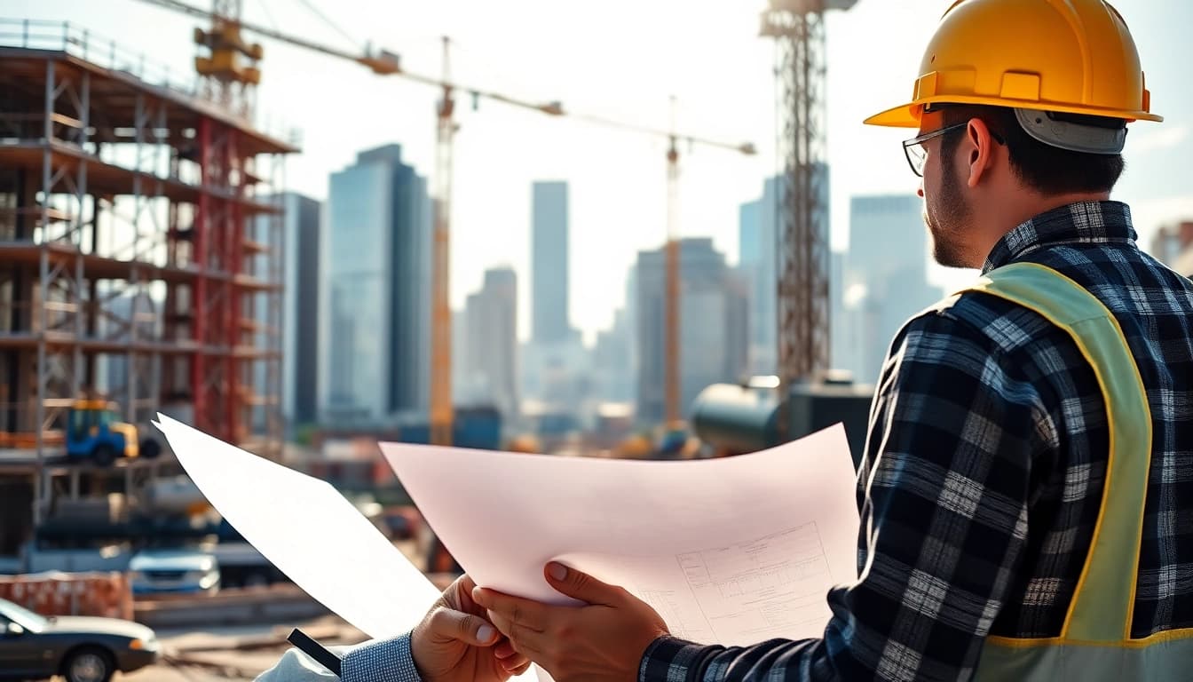New Jersey Construction Manager directing a construction site with cranes and blueprints.