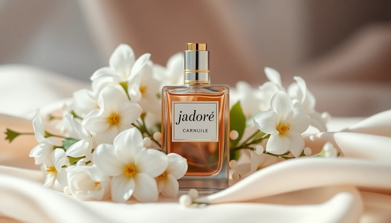 Admire the exquisite Jadore fragrance bottle surrounded by captivating white flowers.