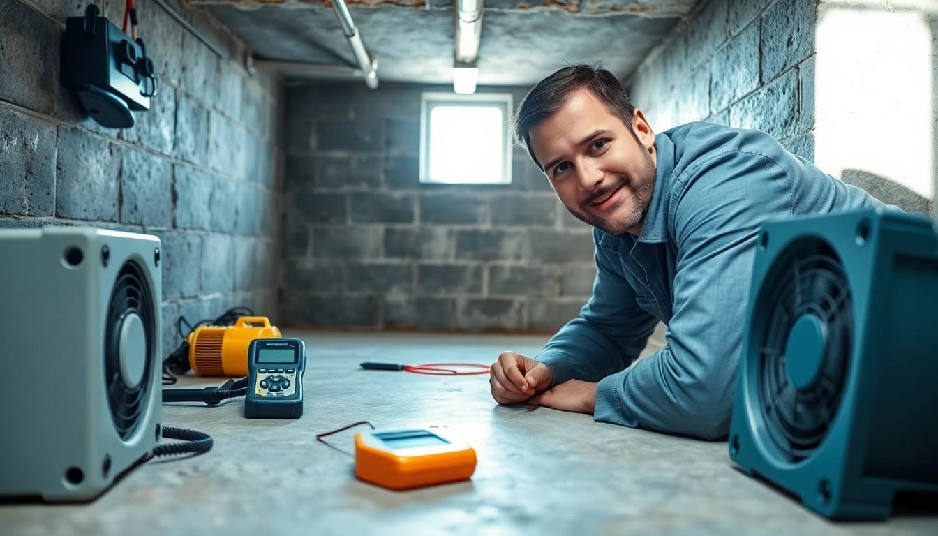 Crawl Space Restoration focusing on a technician working in a clean, well-lit basement
