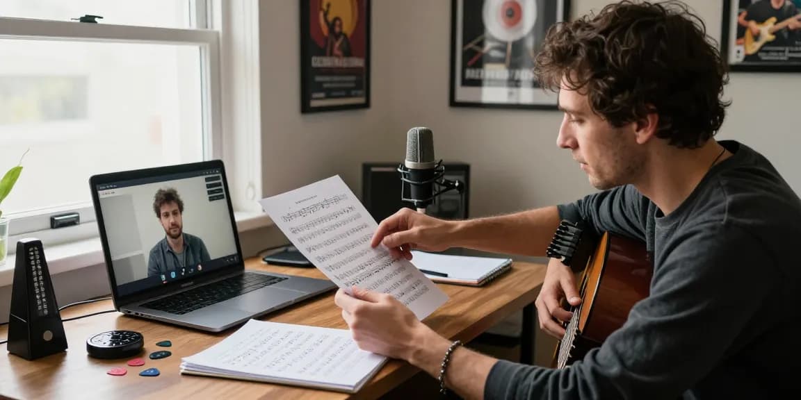 Engaging Zoom Classical Guitar Lessons with a certified instructor in a cozy home studio.