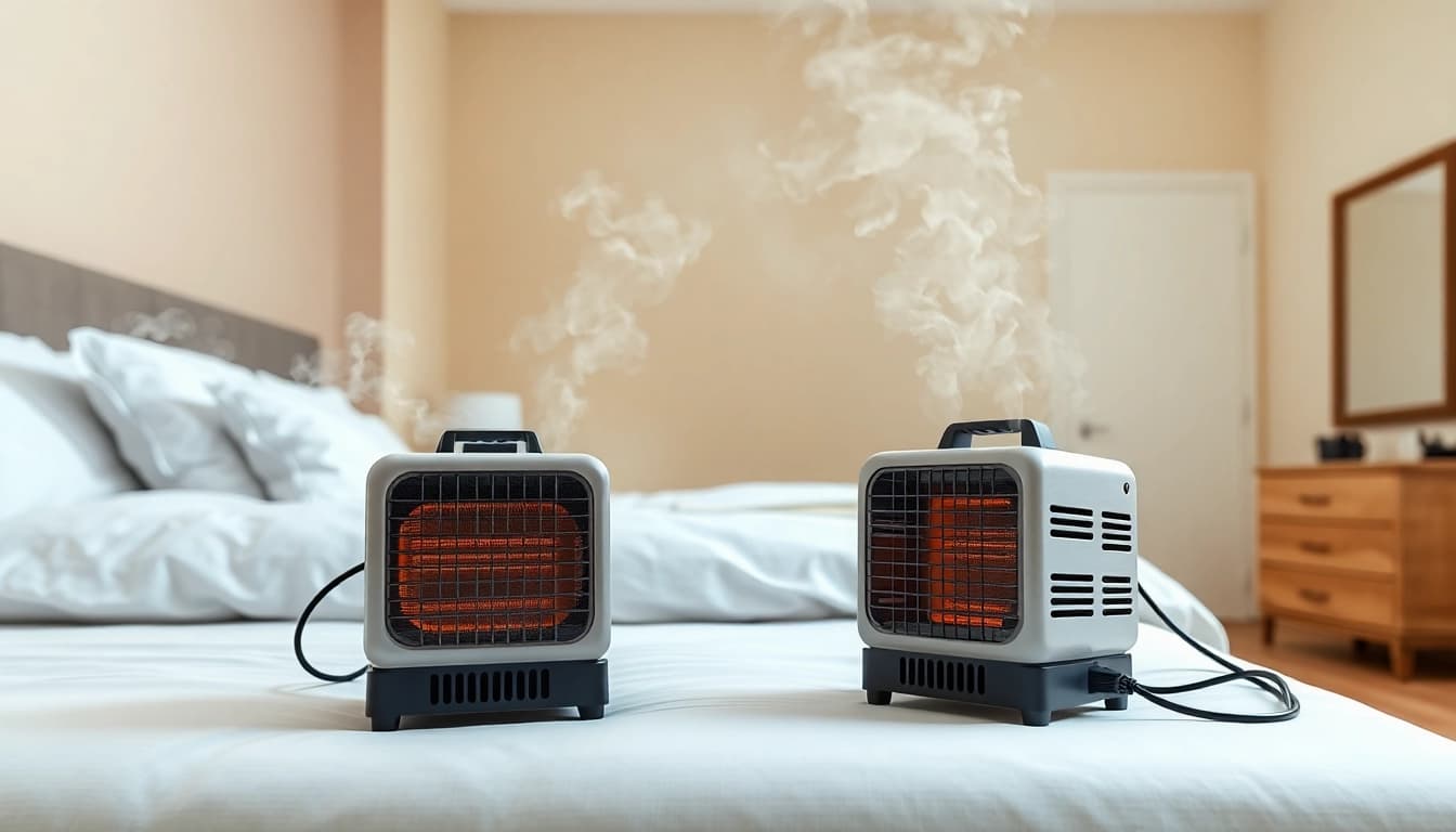 Illustration of bed bug heat treatment process with portable heaters in a bedroom.