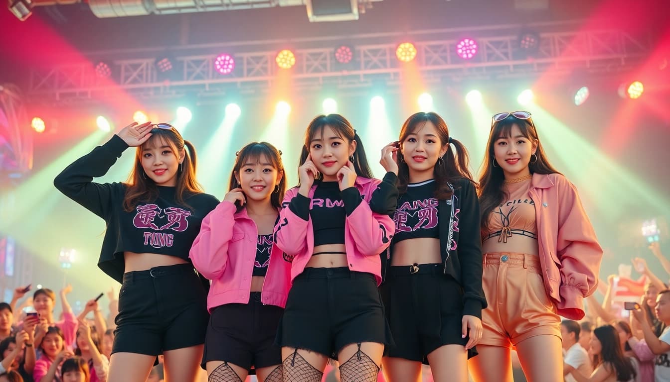 Showcasing BLACKPINK news with the group performing energetically in a vibrant, colorful setting.