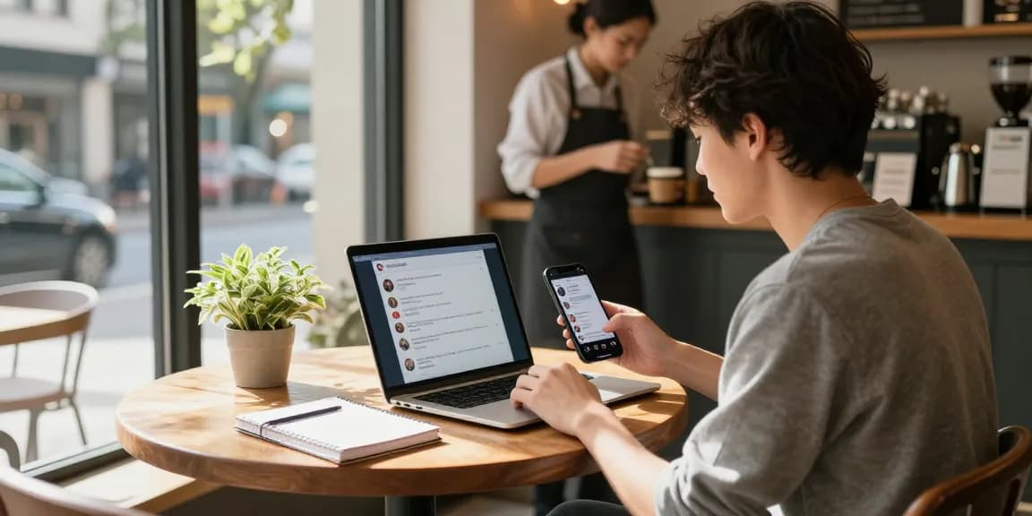 Ein Influencer, der Likes auf Instagram kauft, während er in einem Café sitzt, mit Laptop und Smartphone.