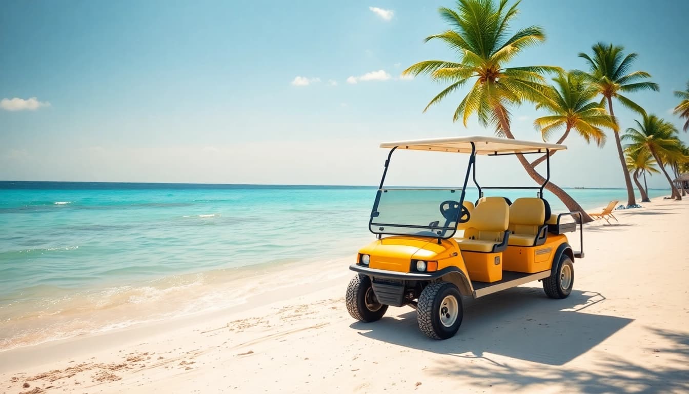Golf Cart Rental San Pedro Belize offers a vibrant golf cart on a beautiful sandy beach
