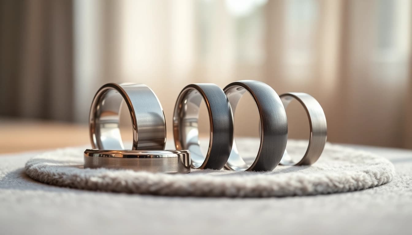 Explore exquisite tungsten wedding bands set against luxury velvet, showcasing unique designs and finishes.