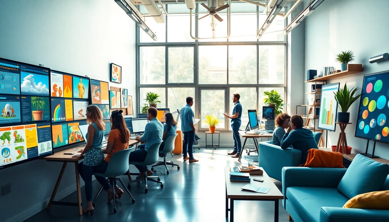 Animationsstudio designed with vibrant creative elements and a bustling workspace atmosphere.