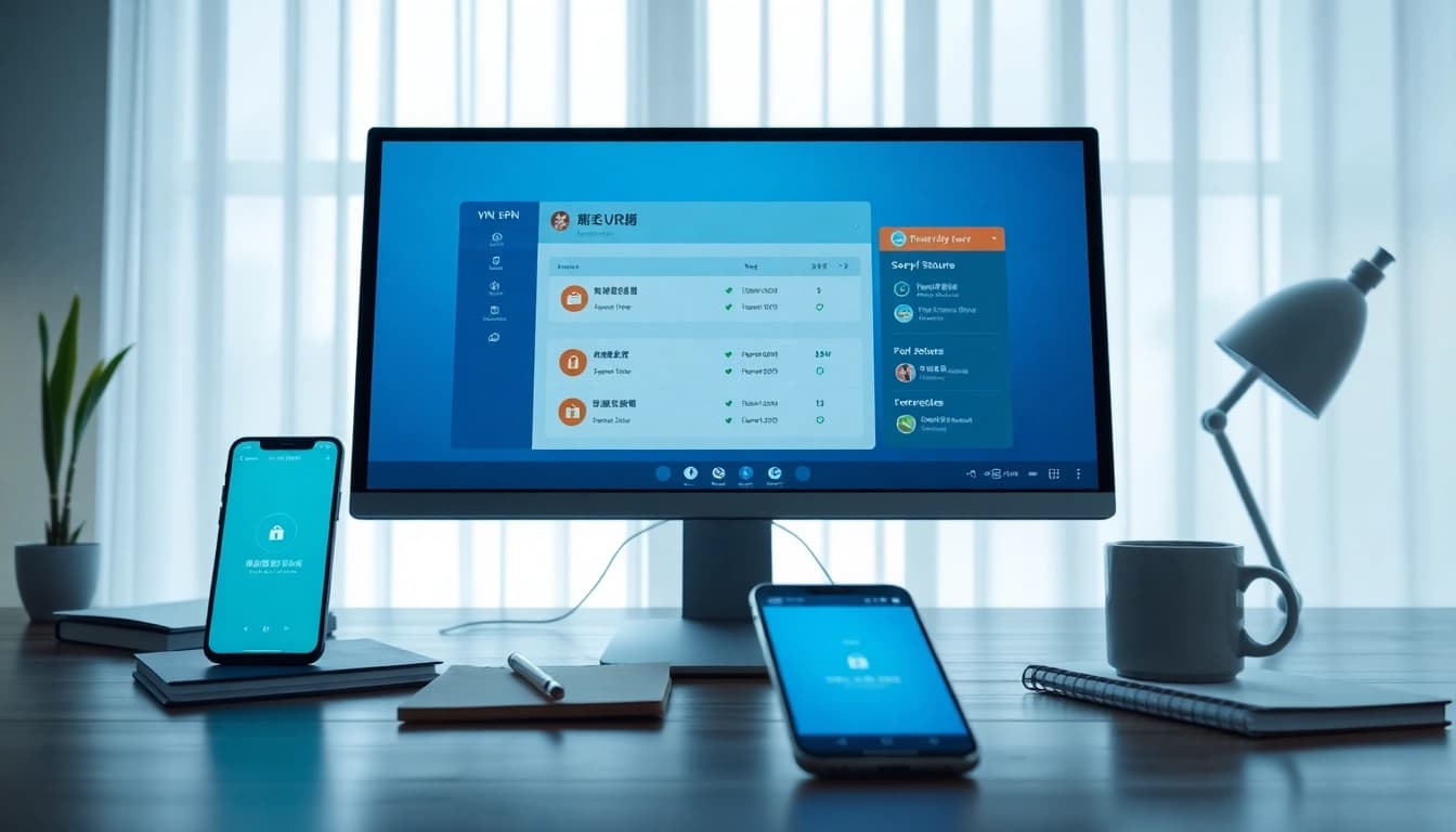 在具有科技元素的现代数字工作空间中展示的快连 VPN 界面。