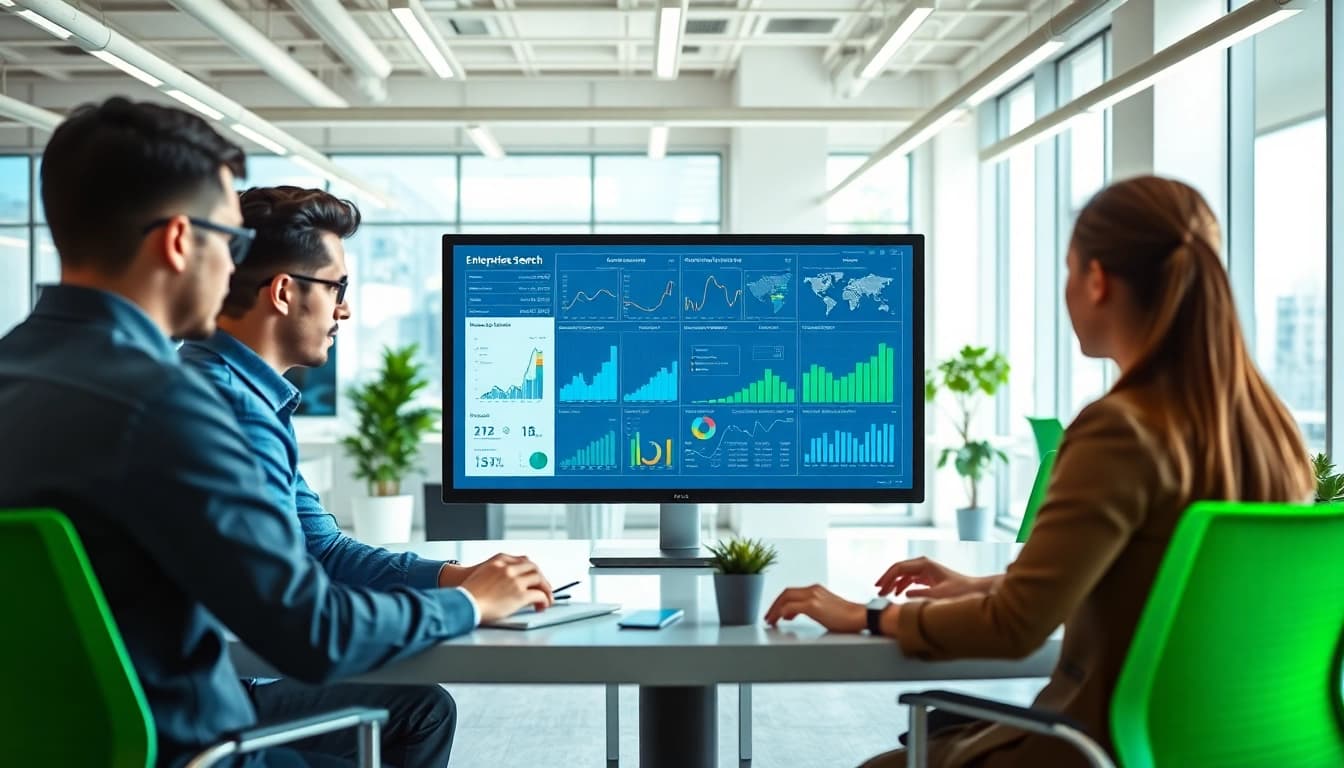 Employees engaging with innovative enterprise search tools in a vibrant office setting.