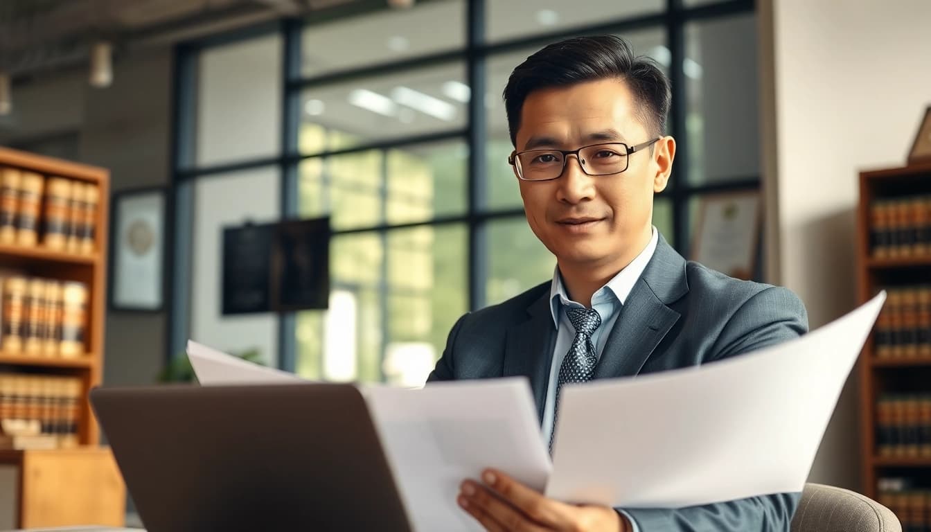 Engaging Houston Injury Attorney confidently analyzing legal documents in a modern office.