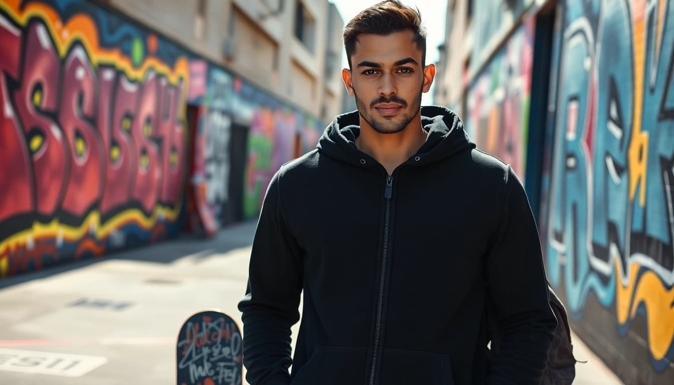 Model wearing a black zip up hoodie poses against colorful graffiti.