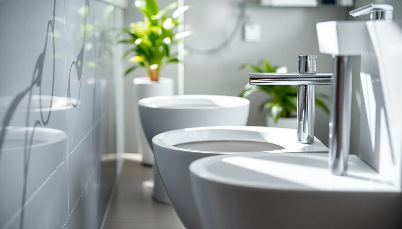 Installazione bidet elegante in un bagno moderno, con dettagli in ceramica e metallo lucido.