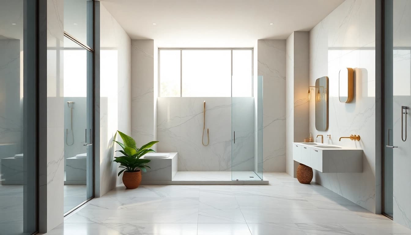 Experience elegant showers in a luxurious bathroom with stylish decor and peaceful ambiance.